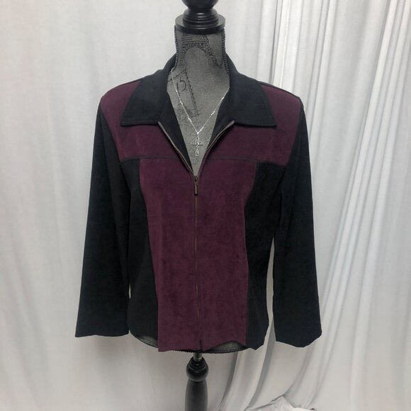 Briggs Jacket Womens Size Medium Petite Faux Suede Zip Black Burgundy Colorblock - Picture 1 of 6